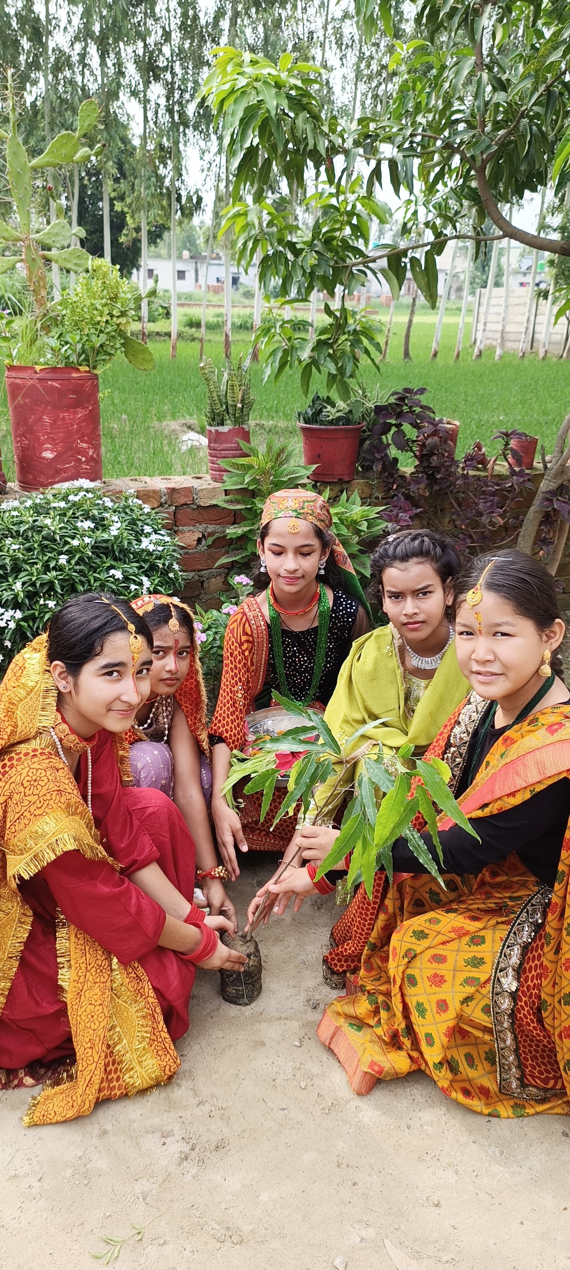 Students planting a sapling on the school campus